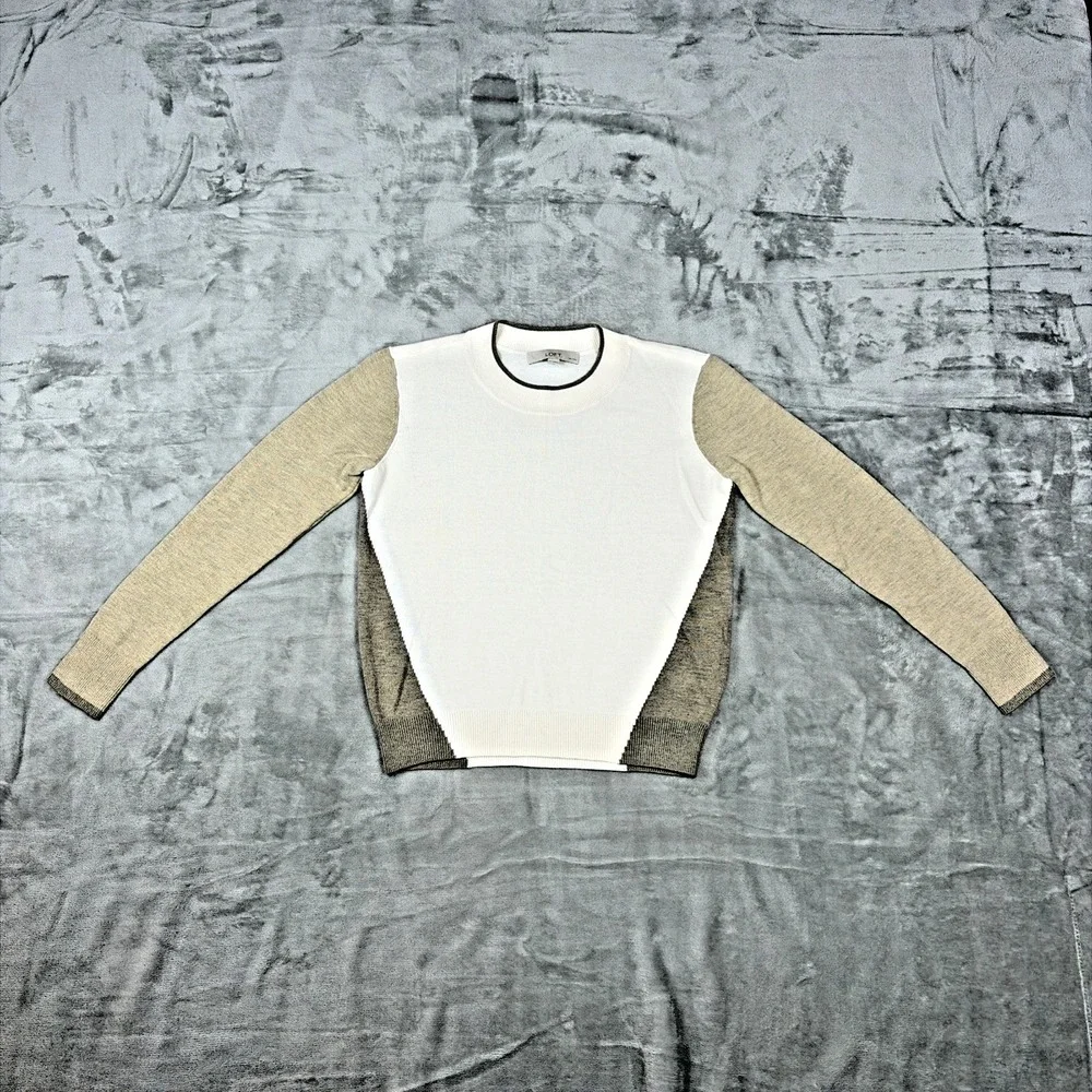 LOFT Colorblock Sweater Womens Small Petite White Tan Brown Crew Neck Knit